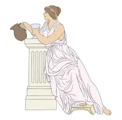 An ancient Greek woman in a tunic is sitting with a jug and a glass in her hands. Vector image isolated on a white background.